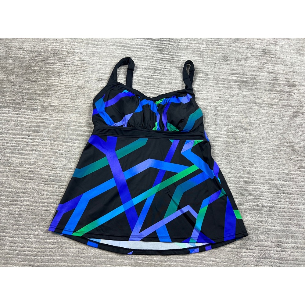 Jamaica Bay Swim Tankini Women 16 Black Blue Geometric Abstract Empire Waist Top
